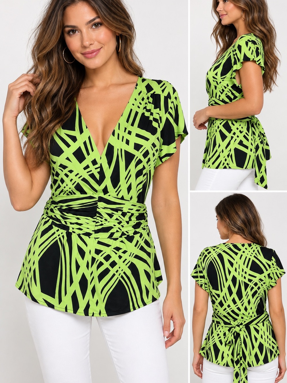 Marc Bouwer Neon Lime Green Black Abstract Print Wrap Romper Large